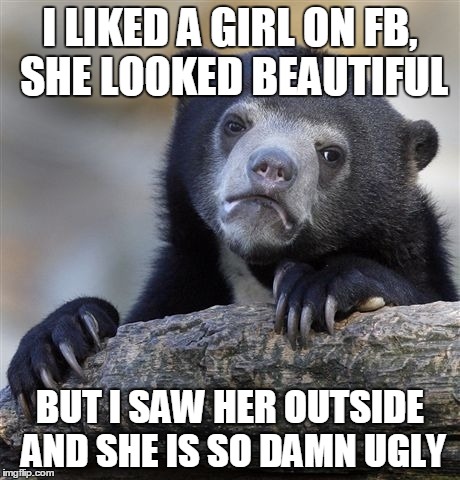 Confession Bear | I LIKED A GIRL ON FB, SHE LOOKED BEAUTIFUL BUT I SAW HER OUTSIDE AND SHE IS SO DAMN UGLY | image tagged in memes,confession bear | made w/ Imgflip meme maker