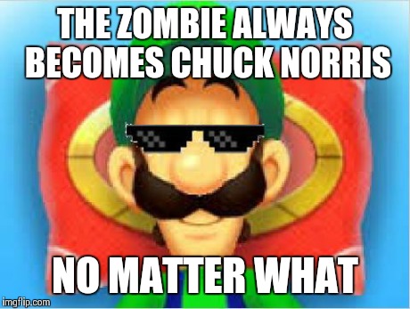 Luigi Does Not Care | THE ZOMBIE ALWAYS BECOMES CHUCK NORRIS NO MATTER WHAT | image tagged in luigi does not care | made w/ Imgflip meme maker