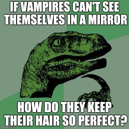 Philosoraptor | IF VAMPIRES CAN'T SEE THEMSELVES IN A MIRROR HOW DO THEY KEEP THEIR HAIR SO PERFECT? | image tagged in memes,philosoraptor | made w/ Imgflip meme maker