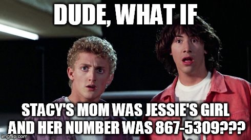 Dude, what if..... | DUDE, WHAT IF STACY'S MOM WAS JESSIE'S GIRL AND HER NUMBER WAS 867-5309??? | image tagged in bill and ted,jessie's girl,stacy's mom,8675309 | made w/ Imgflip meme maker