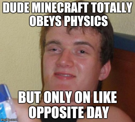 10 Guy talks Minecraft
 | DUDE MINECRAFT TOTALLY OBEYS PHYSICS BUT ONLY ON LIKE OPPOSITE DAY | image tagged in memes,10 guy,minecraft,physics | made w/ Imgflip meme maker