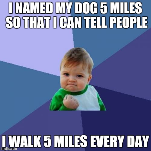 Success Kid Meme | I NAMED MY DOG 5 MILES SO THAT I CAN TELL PEOPLE I WALK 5 MILES EVERY DAY | image tagged in memes,success kid | made w/ Imgflip meme maker