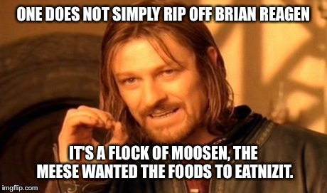 One Does Not Simply Meme | ONE DOES NOT SIMPLY RIP OFF BRIAN REAGEN IT'S A FLOCK OF MOOSEN, THE MEESE WANTED THE FOODS TO EATNIZIT. | image tagged in memes,one does not simply | made w/ Imgflip meme maker