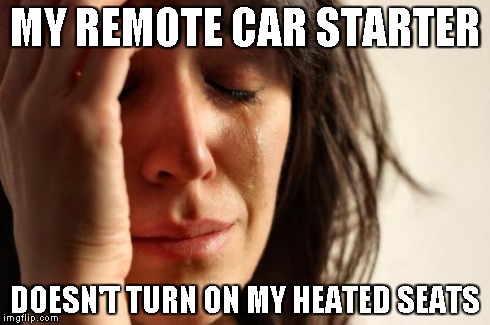 First World Problems | MY REMOTE CAR STARTER DOESN'T TURN ON MY HEATED SEATS | image tagged in memes,first world problems | made w/ Imgflip meme maker