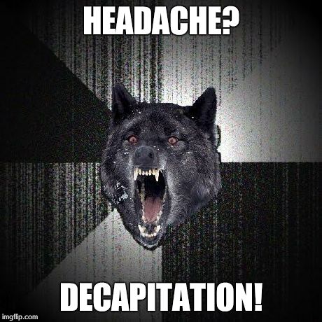 Insanity Wolf | HEADACHE? DECAPITATION! | image tagged in memes,insanity wolf | made w/ Imgflip meme maker