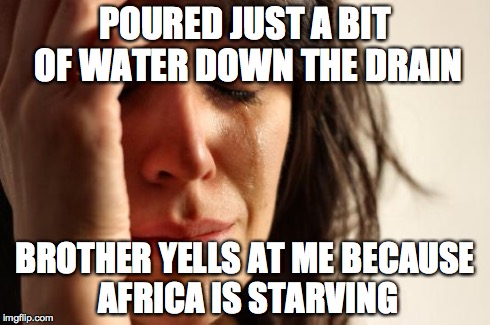 First World Problems Meme | POURED JUST A BIT OF WATER DOWN THE DRAIN BROTHER YELLS AT ME BECAUSE AFRICA IS STARVING | image tagged in memes,first world problems | made w/ Imgflip meme maker