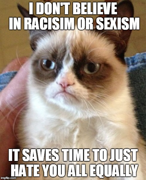 Hatred | I DON'T BELIEVE IN RACISIM OR SEXISM IT SAVES TIME TO JUST HATE YOU ALL EQUALLY | image tagged in memes,grumpy cat | made w/ Imgflip meme maker