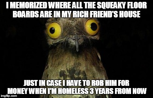 Weird Stuff I Do Potoo Meme | I MEMORIZED WHERE ALL THE SQUEAKY FLOOR BOARDS ARE IN MY RICH FRIEND'S HOUSE JUST IN CASE I HAVE TO ROB HIM FOR MONEY WHEN I'M HOMELESS 3 YE | image tagged in memes,weird stuff i do potoo,AdviceAnimals | made w/ Imgflip meme maker