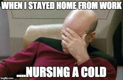 Captain Picard Facepalm | WHEN I STAYED HOME FROM WORK ....NURSING A COLD | image tagged in memes,captain picard facepalm | made w/ Imgflip meme maker