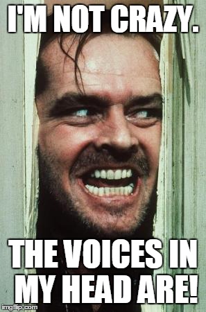 Here's Johnny Meme | I'M NOT CRAZY. THE VOICES IN MY HEAD ARE! | image tagged in memes,heres johnny | made w/ Imgflip meme maker