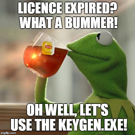 But That's None Of My Business Meme | LICENCE EXPIRED? WHAT A BUMMER! OH WELL, LET'S USE THE KEYGEN.EXE! | image tagged in memes,but thats none of my business,kermit the frog | made w/ Imgflip meme maker