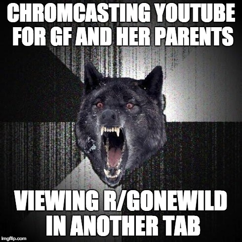 Insanity Wolf | CHROMCASTING YOUTUBE FOR GF AND HER PARENTS VIEWING R/GONEWILD IN ANOTHER TAB | image tagged in memes,insanity wolf | made w/ Imgflip meme maker