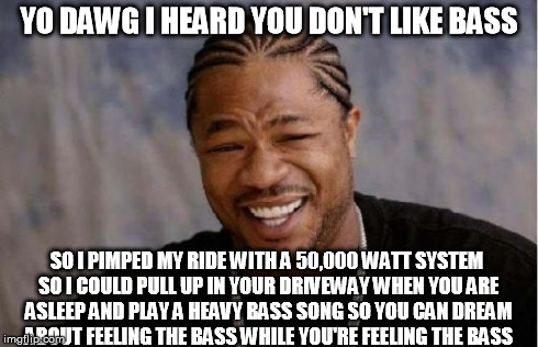 Yo Dawg Heard You Meme | YO DAWG I HEARD YOU DON'T LIKE BASS SO I PIMPED MY RIDE WITH A 50,000 WATT SYSTEM SO I COULD PULL UP IN YOUR DRIVEWAY WHEN YOU ARE ASLEEP AN | image tagged in memes,yo dawg heard you | made w/ Imgflip meme maker