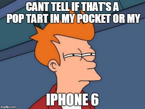 Futurama Fry | CANT TELL IF THAT'S A POP TART IN MY POCKET OR MY IPHONE 6 | image tagged in memes,futurama fry | made w/ Imgflip meme maker