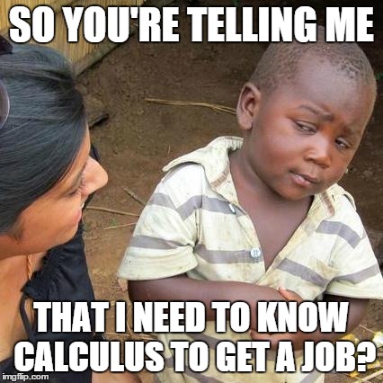 Third World Skeptical Kid Meme | SO YOU'RE TELLING ME THAT I NEED TO KNOW CALCULUS TO GET A JOB? | image tagged in memes,third world skeptical kid | made w/ Imgflip meme maker