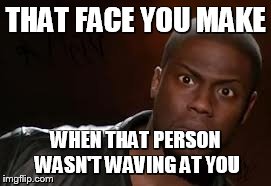 Kevin Hart Meme | THAT FACE YOU MAKE WHEN THAT PERSON WASN'T WAVING AT YOU | image tagged in memes,kevin hart the hell | made w/ Imgflip meme maker