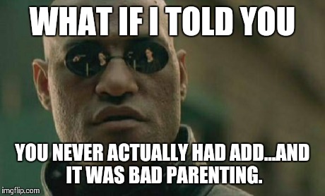 Matrix Morpheus Meme | WHAT IF I TOLD YOU YOU NEVER ACTUALLY HAD ADD...AND IT WAS BAD PARENTING. | image tagged in memes,matrix morpheus | made w/ Imgflip meme maker