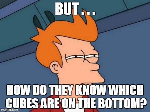 Futurama Fry Meme | BUT . . . HOW DO THEY KNOW WHICH CUBES ARE ON THE BOTTOM? | image tagged in memes,futurama fry | made w/ Imgflip meme maker