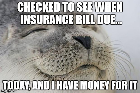 Satisfied Seal | CHECKED TO SEE WHEN INSURANCE BILL DUE... TODAY, AND I HAVE MONEY FOR IT | image tagged in memes,satisfied seal,AdviceAnimals | made w/ Imgflip meme maker