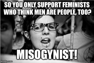 Men Are Not People, You Neanderthal! | SO YOU ONLY SUPPORT FEMINISTS WHO THINK MEN ARE PEOPLE, TOO? MISOGYNIST! | image tagged in feminist,angry feminist,bigotry | made w/ Imgflip meme maker