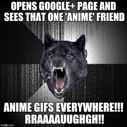 Insanity Wolf | OPENS GOOGLE+ PAGE AND SEES THAT ONE 'ANIME' FRIEND ANIME GIFS EVERYWHERE!!! RRAAAAUUGHGH!! | image tagged in memes,insanity wolf | made w/ Imgflip meme maker