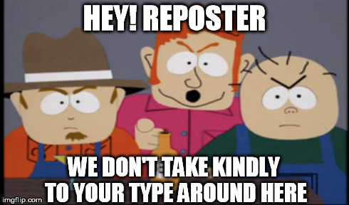 HEY! REPOSTER WE DON'T TAKE KINDLY TO YOUR TYPE AROUND HERE | made w/ Imgflip meme maker