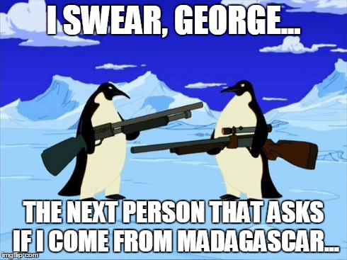 Madagascar and Guns | I SWEAR, GEORGE... THE NEXT PERSON THAT ASKS IF I COME FROM MADAGASCAR... | image tagged in funny,memes,penguins with guns | made w/ Imgflip meme maker