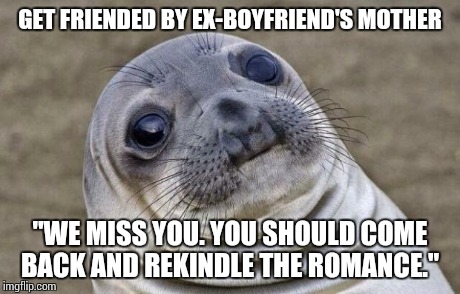 Awkward Moment Sealion | GET FRIENDED BY EX-BOYFRIEND'S MOTHER "WE MISS YOU. YOU SHOULD COME BACK AND REKINDLE THE ROMANCE." | image tagged in memes,awkward moment sealion,AdviceAnimals | made w/ Imgflip meme maker
