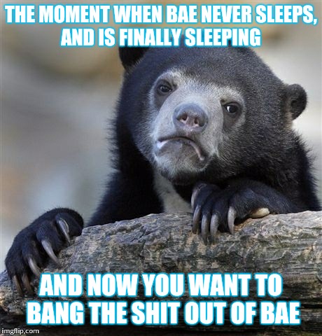 Confession Bear Meme | THE MOMENT WHEN BAE NEVER SLEEPS, AND IS FINALLY SLEEPING AND NOW YOU WANT TO BANG THE SHIT OUT OF BAE | image tagged in memes,confession bear | made w/ Imgflip meme maker