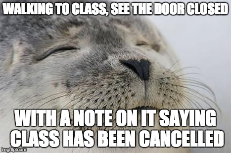 Satisfied Seal | WALKING TO CLASS, SEE THE DOOR CLOSED WITH A NOTE ON IT SAYING CLASS HAS BEEN CANCELLED | image tagged in memes,satisfied seal | made w/ Imgflip meme maker