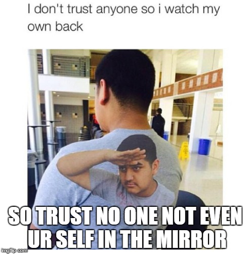 when u don't trust anyone  | SO TRUST NO ONE NOT EVEN UR SELF IN THE MIRROR | image tagged in trustnonone funny backwatch | made w/ Imgflip meme maker