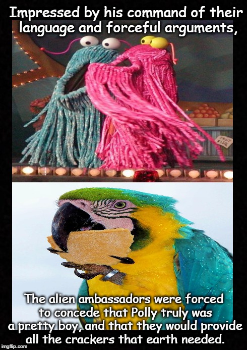 Forceful argument and repetition. | Impressed by his command of their language and forceful arguments, The alien ambassadors were forced to concede that Polly truly was a prett | image tagged in blank,funny,spaghetti aliens,sesame street,parrot joke | made w/ Imgflip meme maker