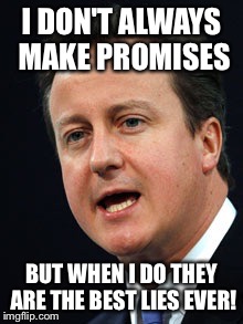 David Cameron's promises | I DON'T ALWAYS MAKE PROMISES BUT WHEN I DO THEY ARE THE BEST LIES EVER! | image tagged in david cameron,government,political | made w/ Imgflip meme maker