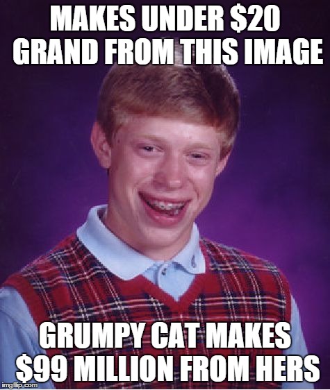 Bad Luck Brian | MAKES UNDER $20 GRAND FROM THIS IMAGE GRUMPY CAT MAKES $99 MILLION FROM HERS | image tagged in memes,bad luck brian | made w/ Imgflip meme maker