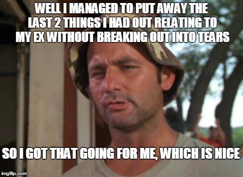 So I Got That Goin For Me Which Is Nice Meme | WELL I MANAGED TO PUT AWAY THE LAST 2 THINGS I HAD OUT RELATING TO MY EX WITHOUT BREAKING OUT INTO TEARS SO I GOT THAT GOING FOR ME, WHICH I | image tagged in memes,so i got that goin for me which is nice,AdviceAnimals | made w/ Imgflip meme maker