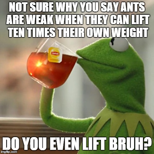 But That's None Of My Business Meme | NOT SURE WHY YOU SAY ANTS ARE WEAK WHEN THEY CAN LIFT TEN TIMES THEIR OWN WEIGHT DO YOU EVEN LIFT BRUH? | image tagged in memes,but thats none of my business,kermit the frog | made w/ Imgflip meme maker