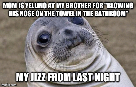 Awkward Moment Sealion | MOM IS YELLING AT MY BROTHER FOR "BLOWING HIS NOSE ON THE TOWEL IN THE BATHROOM" MY JIZZ FROM LAST NIGHT | image tagged in memes,awkward moment sealion,AdviceAnimals | made w/ Imgflip meme maker