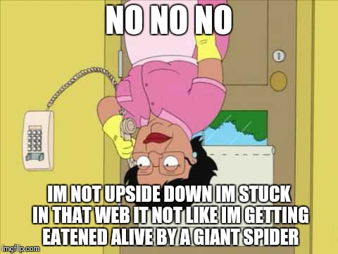 Consuela Meme | NO NO NO IM NOT UPSIDE DOWN IM STUCK IN THAT WEB IT NOT LIKE IM GETTING EATENED ALIVE BY A GIANT SPIDER | image tagged in memes,consuela | made w/ Imgflip meme maker