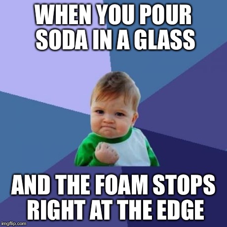 Success Kid | WHEN YOU POUR SODA IN A GLASS AND THE FOAM STOPS RIGHT AT THE EDGE | image tagged in memes,success kid | made w/ Imgflip meme maker