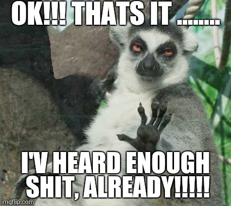 Stoner Lemur | OK!!! THATS IT ........ I'V HEARD ENOUGH SHIT, ALREADY!!!!! | image tagged in memes,stoner lemur | made w/ Imgflip meme maker