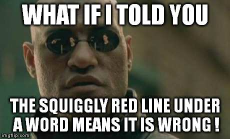 Matrix Morpheus Meme | WHAT IF I TOLD YOU THE SQUIGGLY RED LINE UNDER A WORD MEANS IT IS WRONG ! | image tagged in memes,matrix morpheus | made w/ Imgflip meme maker