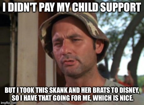 So I Got That Goin For Me Which Is Nice | I DIDN'T PAY MY CHILD SUPPORT BUT I TOOK THIS SKANK AND HER BRATS TO DISNEY, SO I HAVE THAT GOING FOR ME, WHICH IS NICE. | image tagged in memes,so i got that goin for me which is nice,scumbag parents | made w/ Imgflip meme maker