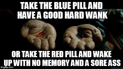 What the blue and red pills really do. | TAKE THE BLUE PILL AND HAVE A GOOD HARD WANK OR TAKE THE RED PILL AND WAKE UP WITH NO MEMORY AND A SORE ASS | image tagged in matrix | made w/ Imgflip meme maker