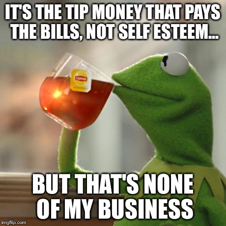 But That's None Of My Business Meme | IT'S THE TIP MONEY THAT PAYS THE BILLS, NOT SELF ESTEEM... BUT THAT'S NONE OF MY BUSINESS | image tagged in memes,but thats none of my business,kermit the frog | made w/ Imgflip meme maker