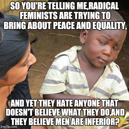 This is my belief.
Hate me if you want. | SO YOU'RE TELLING ME,RADICAL FEMINISTS ARE TRYING TO BRING ABOUT PEACE AND EQUALITY, AND YET THEY HATE ANYONE THAT DOESN'T BELIEVE WHAT THEY | image tagged in memes,third world skeptical kid | made w/ Imgflip meme maker