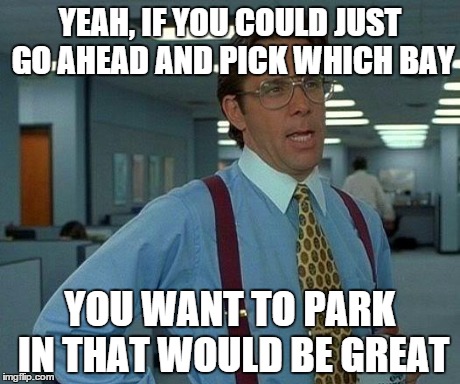 That Would Be Great | YEAH, IF YOU COULD JUST GO AHEAD AND PICK WHICH BAY YOU WANT TO PARK IN THAT WOULD BE GREAT | image tagged in memes,that would be great | made w/ Imgflip meme maker