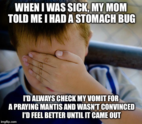 WHEN I WAS SICK, MY MOM TOLD ME I HAD A STOMACH BUG I'D ALWAYS CHECK MY VOMIT FOR A PRAYING MANTIS AND WASN'T CONVINCED I'D FEEL BETTER UNTI | image tagged in AdviceAnimals | made w/ Imgflip meme maker