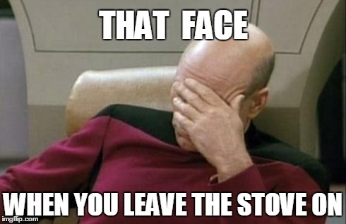 Captain Picard Facepalm | THAT  FACE WHEN YOU LEAVE THE STOVE ON | image tagged in memes,captain picard facepalm | made w/ Imgflip meme maker