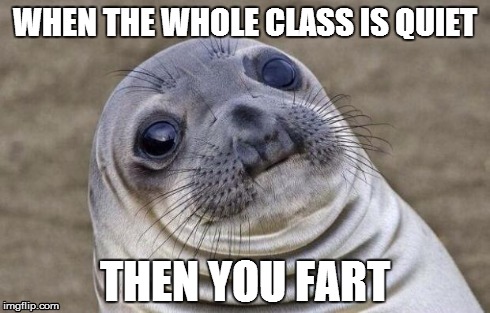 Awkward Moment Sealion Meme | WHEN THE WHOLE CLASS IS QUIET THEN YOU FART | image tagged in memes,awkward moment sealion | made w/ Imgflip meme maker