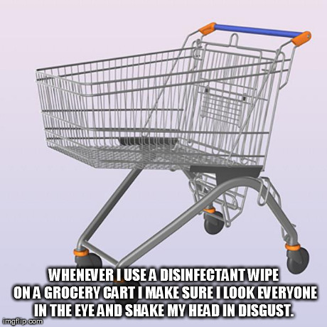 WHENEVER I USE A DISINFECTANT WIPE ON A GROCERY CART I MAKE SURE I LOOK EVERYONE IN THE EYE AND SHAKE MY HEAD IN DISGUST.  | made w/ Imgflip meme maker
